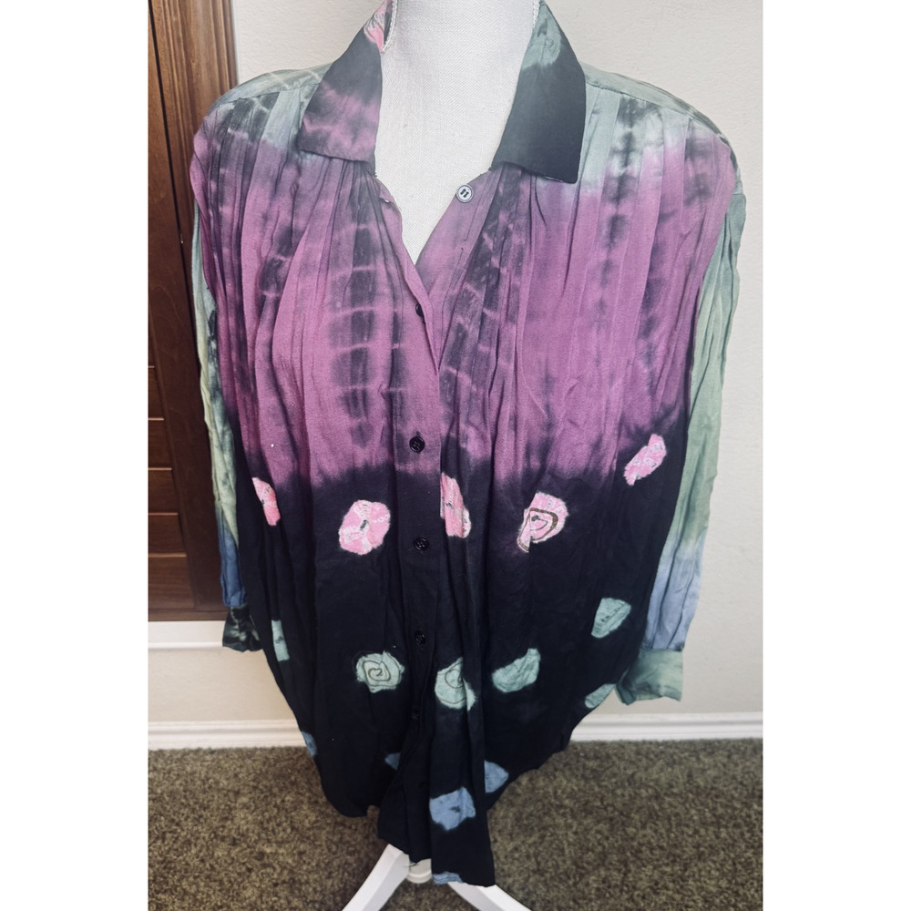 Vintage‎ Nepalese Tie Dye Rayon Boho Blouse sz S India colorful artsy oversized